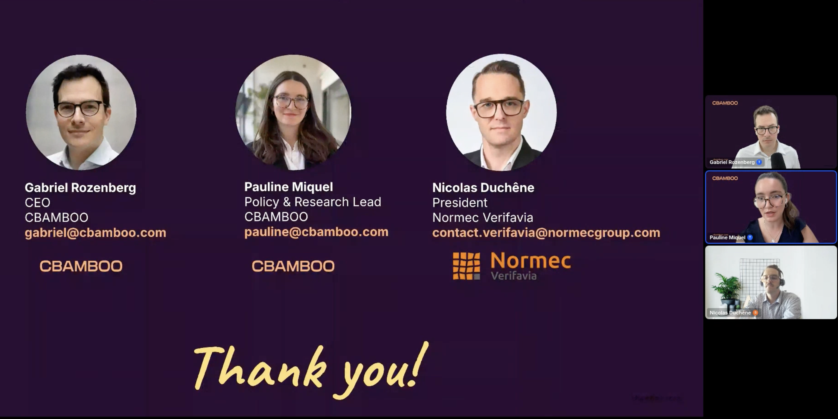 CBAMBOO and Normec Verifavia webinar speakers